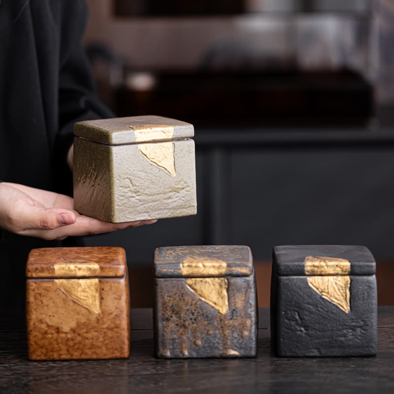 Golden Branch Jade Leaf Square Tea Canister, Coarse Ceramic Sealed Tea Storage Canister, Tea Box, Ceramic Spice Jar, Vintage Tea Storage Canister