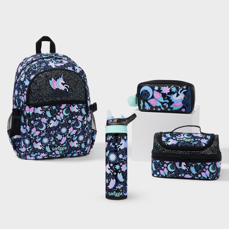 Australian Smiggle School Backpack for Kids, Black Pegasus Cartoon Children's Backpack, Lunch Bag, Pencil Case