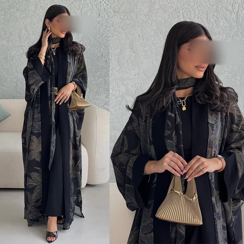 MQ264 New Fashion Cardigan Robe with Head Scarf Two-Piece Set, Chiffon Print Trendy Outerwear Casual Robe