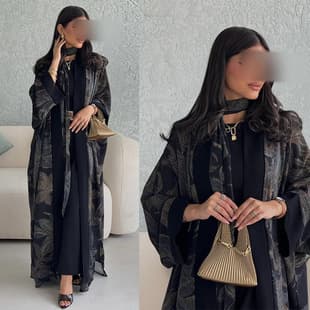 MQ264 New Fashion Cardigan Robe with Head Scarf Two-Piece Set, Chiffon Print Trendy Outerwear Casual Robe