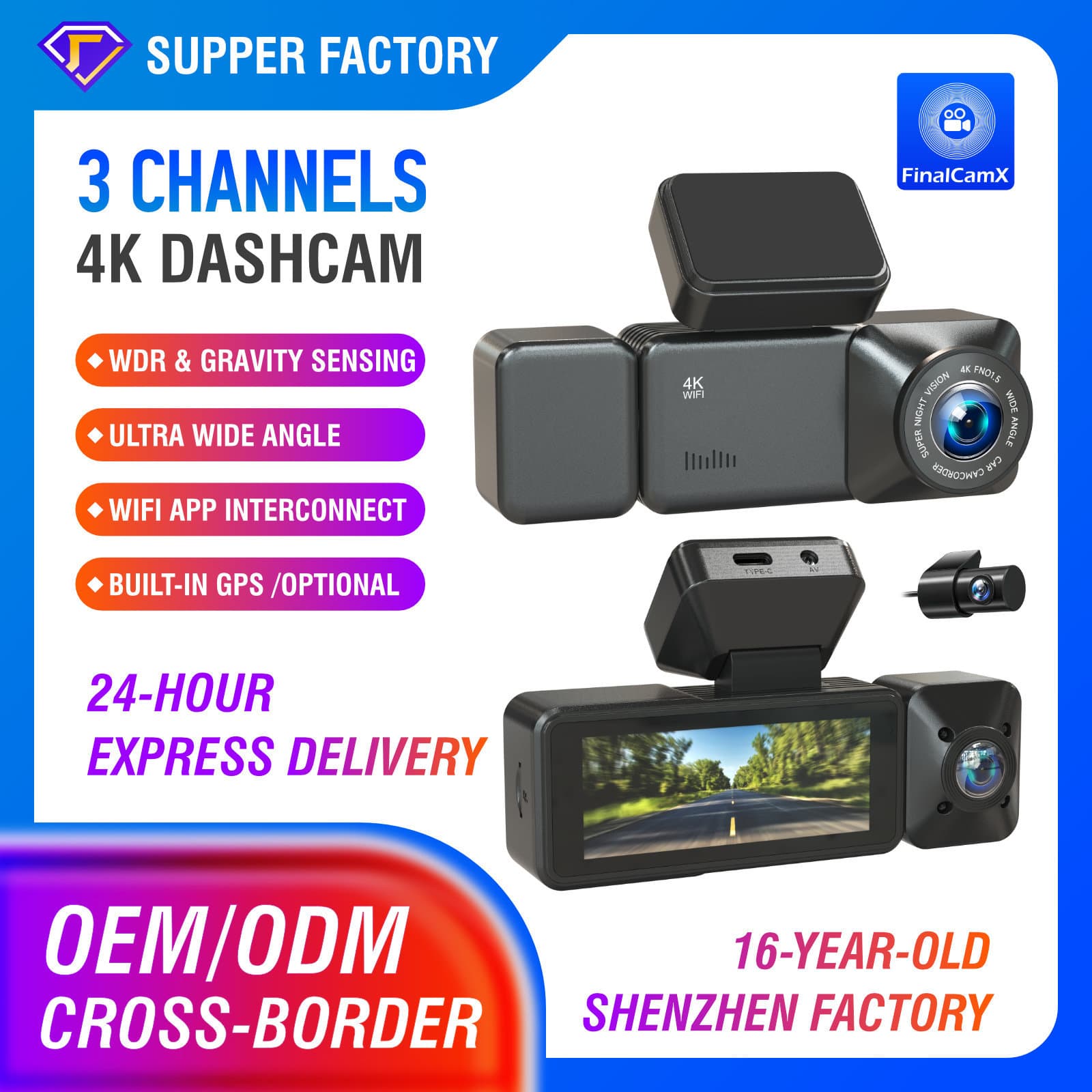 Foreign trade cross-border overseas hot-selling three-lens car dashcam 4K high-definition driving recorder wifi GPS