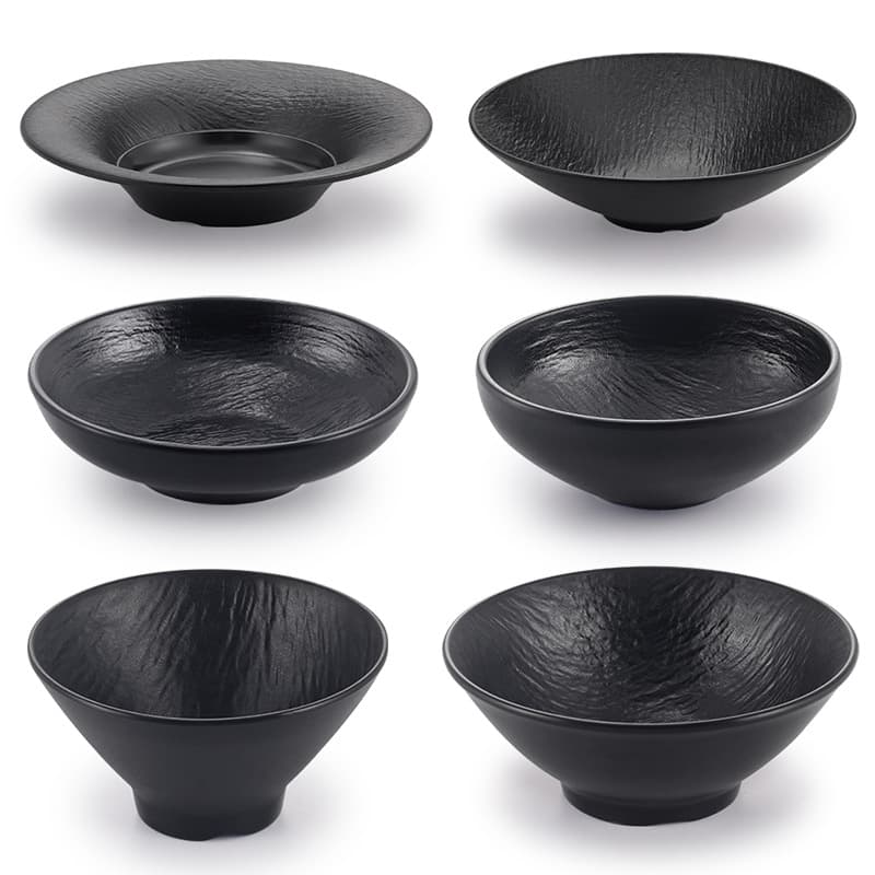 A5 melamine noodle bowl black wood grain imitation porcelain tableware wholesale customizable logo printing Kaibaya commercial plastic bowl