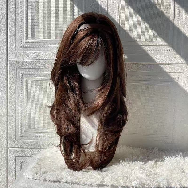 Raw Chocolate Cheese Wig for Women Lolita Soft Japanese Retro Style High-Layer Chocolate Brown Full Cap Wig
