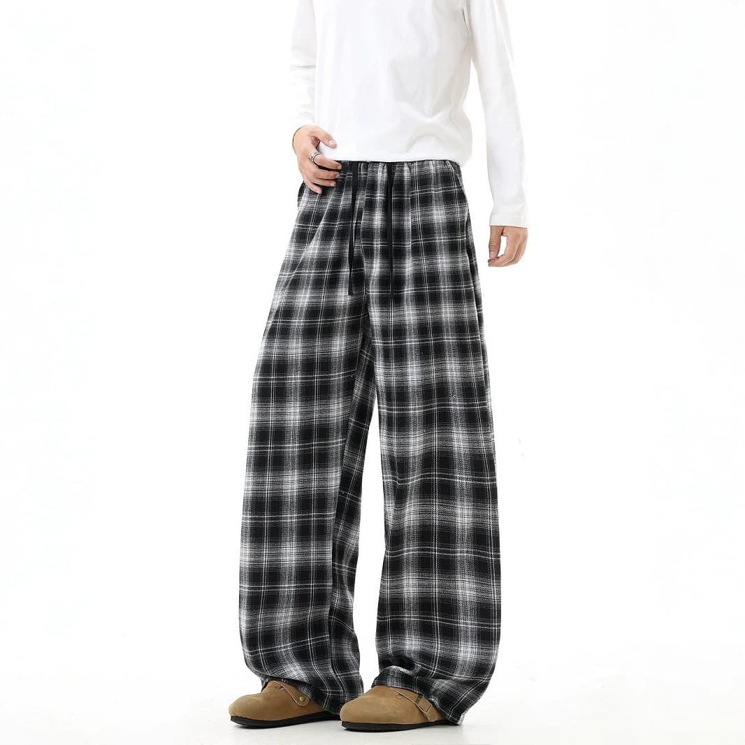 American retro lazy plaid casual pants men's summer high street drawstring plaid straight pants trendy brand loose wide leg pants