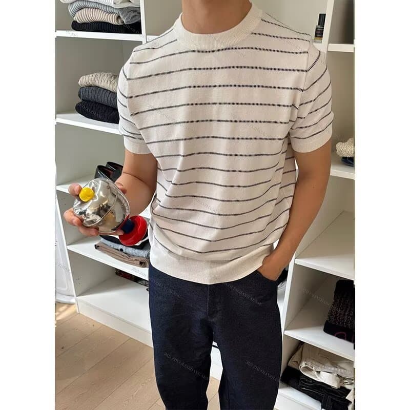 Versatile Striped Knit Top Men's Summer Hong Kong Style Korean Fashion Casual Commuter Round Neck Short Sleeve