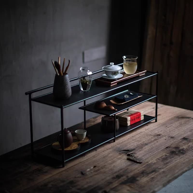 Wrought iron black antique tea shelf, tea set storage and display rack, tea room desktop tea cabinet