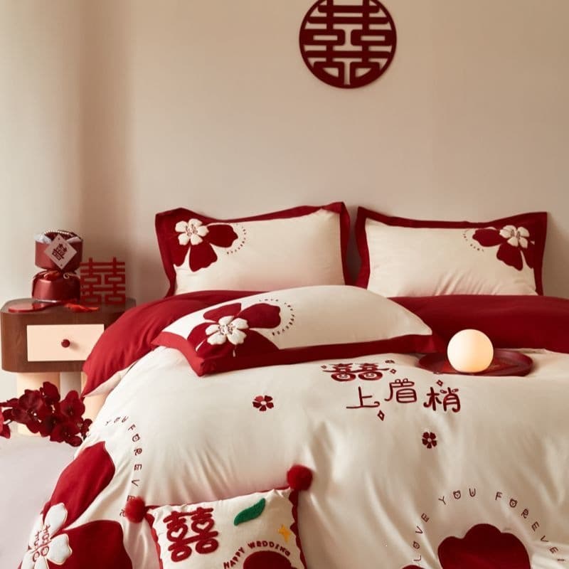 Wedding four-piece set festive red double happiness patch embroidered cotton quilt cover sheets wedding wedding bedding