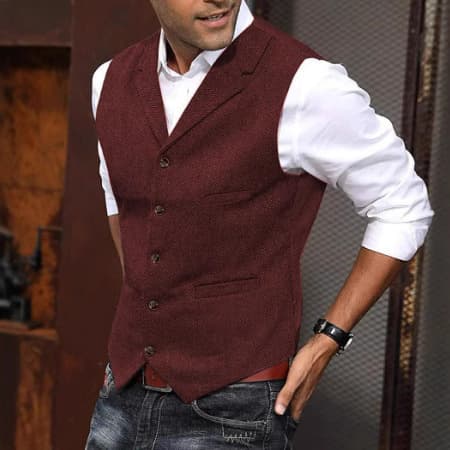 Men's Business Wool Suit Vest, Fashionable British Retro Herringbone Pattern Vest, Tailored Work Vest, In Stock