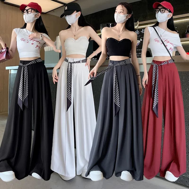 Women's Wide-Leg Pants 2025 Summer Thin Style Scarf Tie High-Waist Draped Straight-Leg Floor-Length Trousers Premium Look