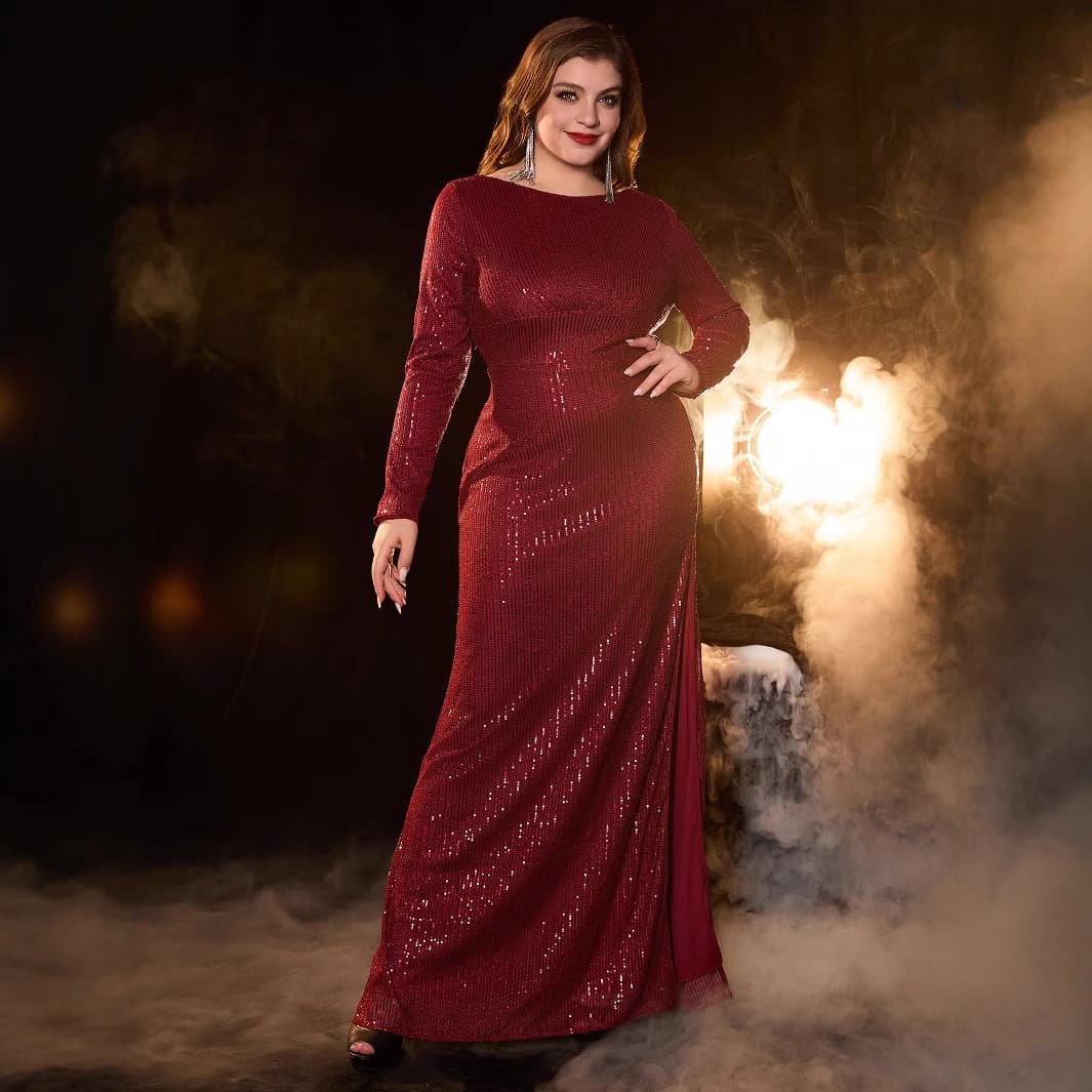 2025 New Plus Size Women's Long Backless Long Sleeve Sequin Split Evening Gown for Amazon Cross-Border Sales