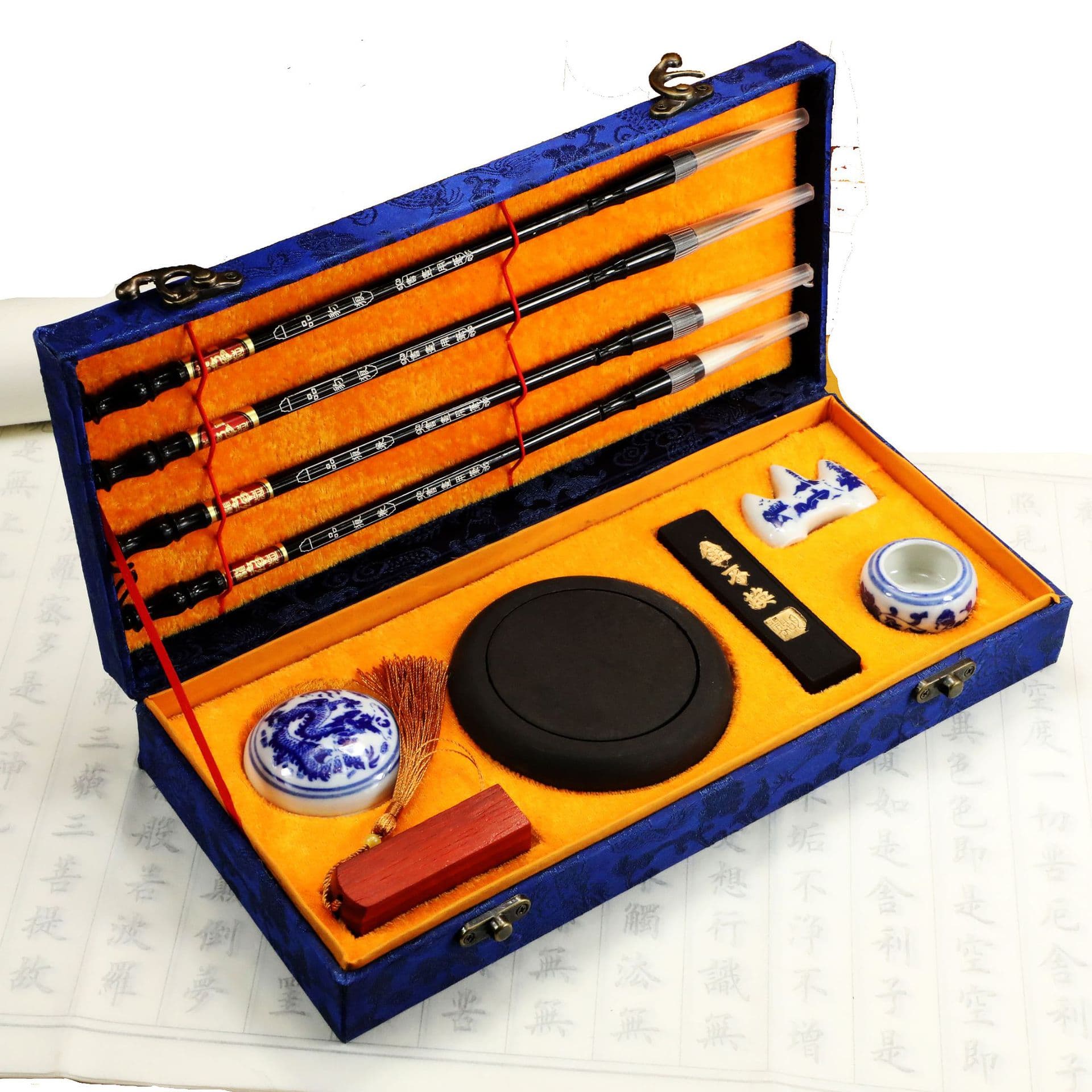 Factory Direct Blue Dragon Brocade Box Student Set, Small Four Treasures of the Study Gift Box with Brush, Ink, Paper, and Inkstone