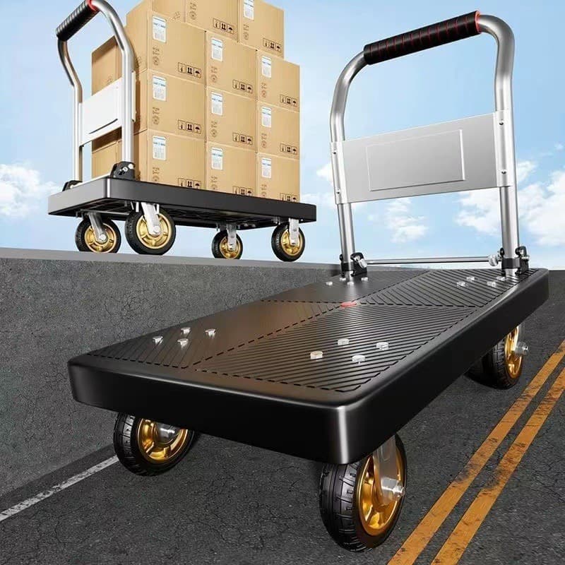 [Factory Direct] Four-Wheel Flatbed Trolley for Cargo Hauling, Foldable Handcart for Delivery and Transport