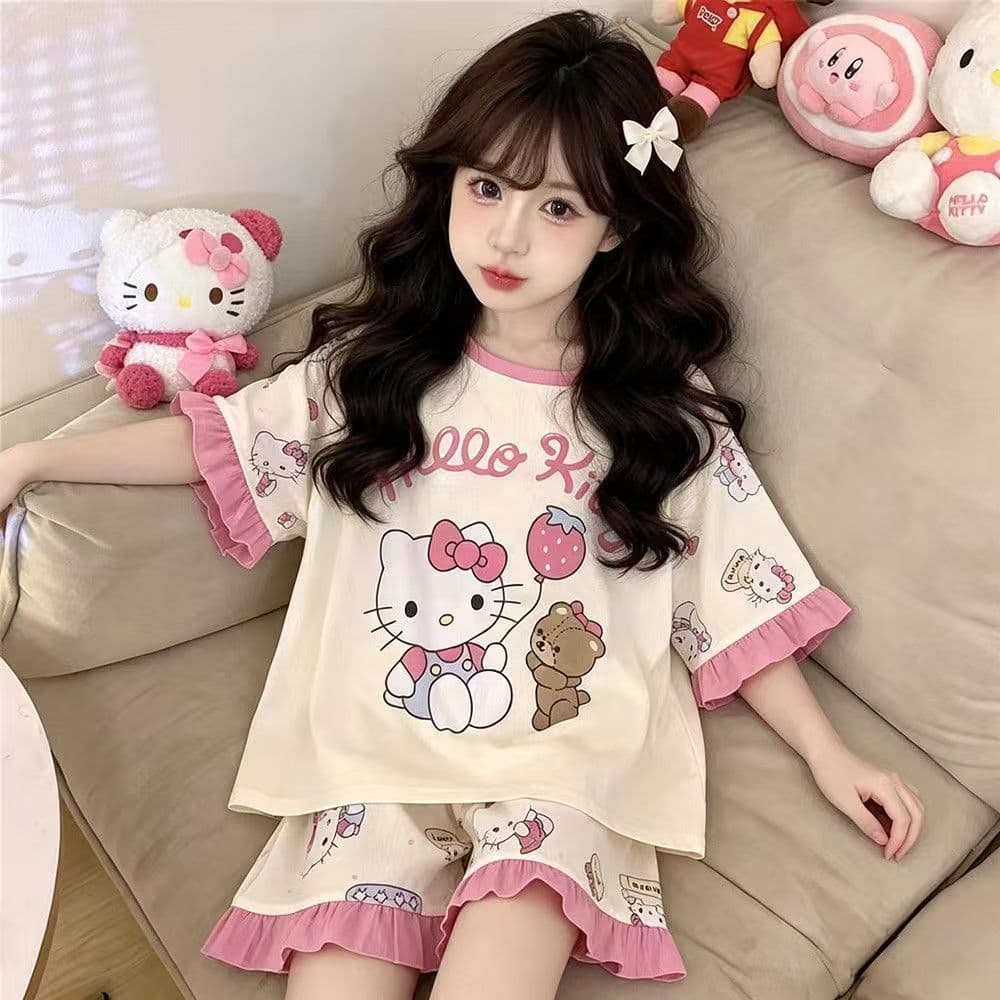 Pajamas 2026 Summer New Cloud Cotton Pajamas Girls Cartoon Short Sleeve Shorts Ruffle Wearable Outside Homewear