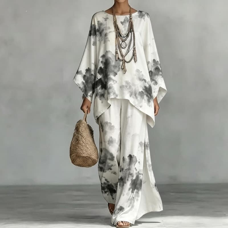 Cross-border casual printed suit for women, bat sleeves, irregular top, drapey wide-leg pants, two-piece set, dropshipping