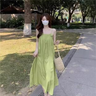 Clearance Fresh Green Camisole Dress Women Summer Beach Vacation First Love Dress Slimming Ethereal Maxi Dress