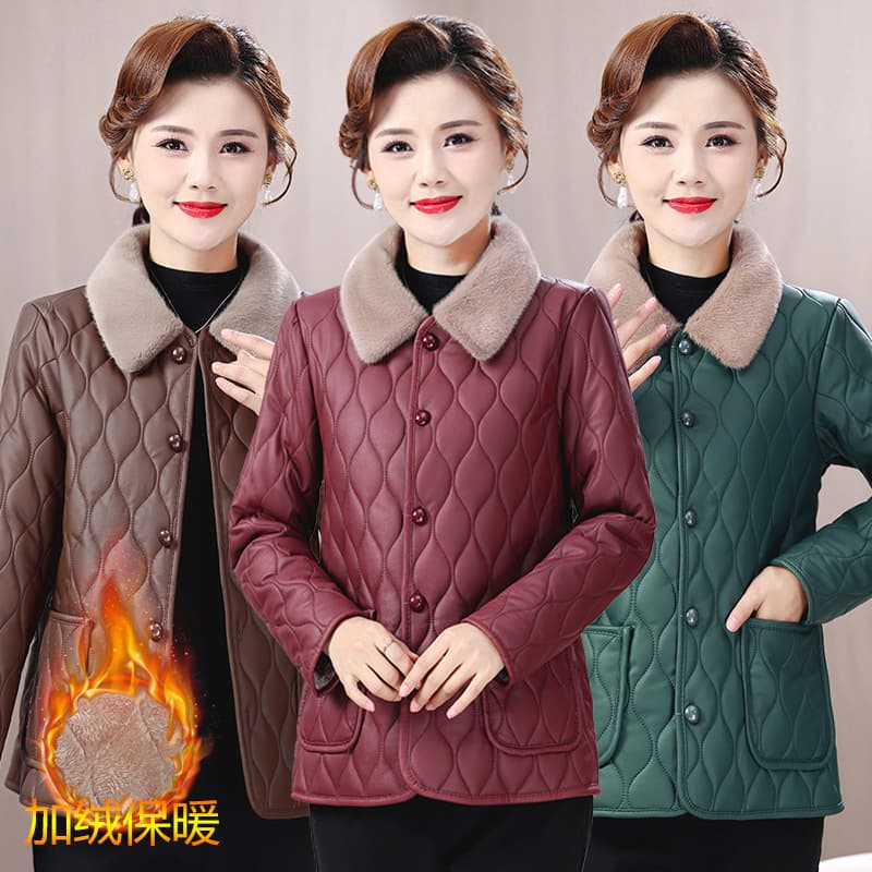 New Mom Winter Fleece-Lined Cotton Coat Middle-Aged Women's Fashion Stylish Washed Leather Cotton Jacket Loose Top
