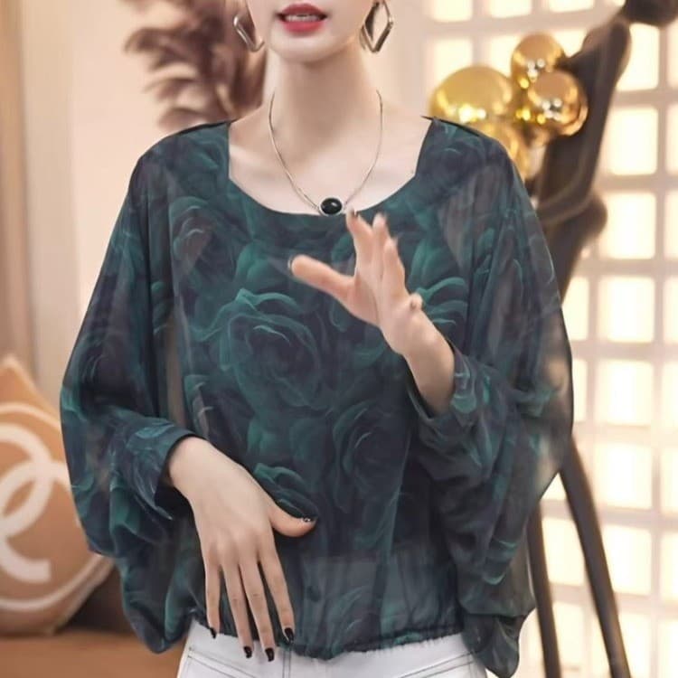 Elegant Loose Thin Printed Casual Top, 2026 Summer New Fashion Versatile Sheer Batwing Sleeve Blouse