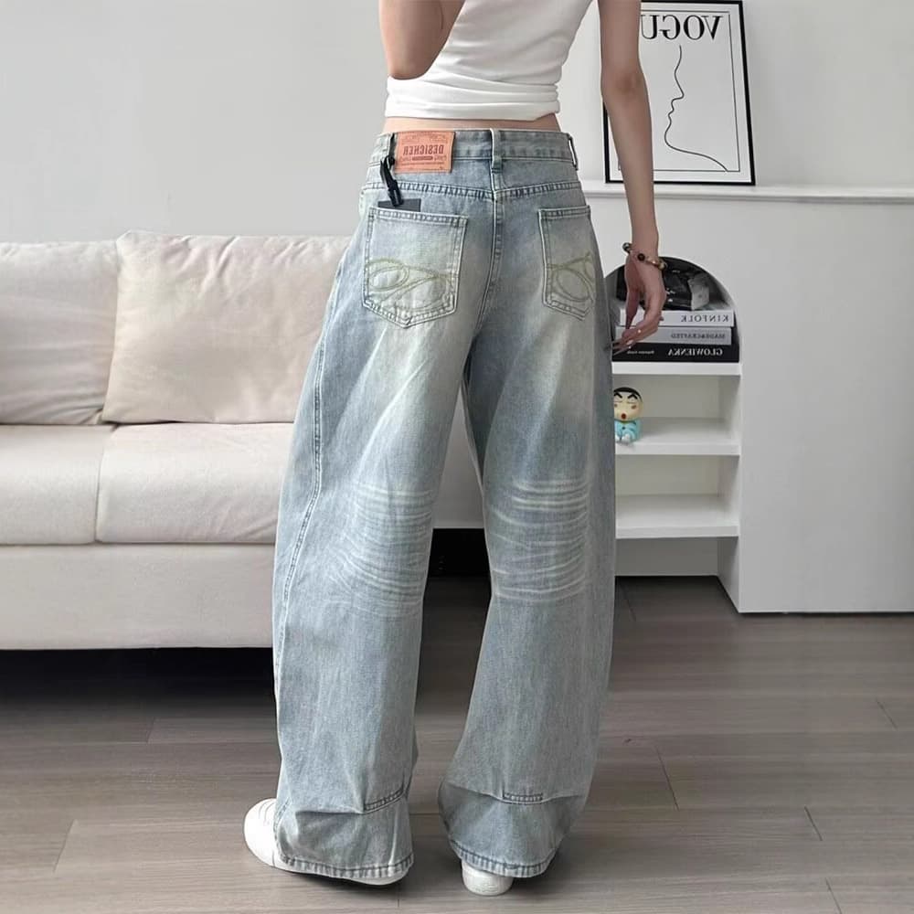 American Retro Washed Hot Girl Wide-Leg Jeans for Women Spring/Fall Straight Distressed Embroidered Loose Slim Denim Pants