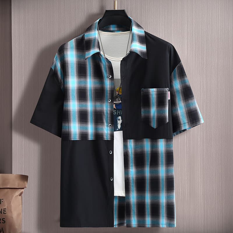 Trendy fat men's short-sleeved trendy brand loose plus fat plus size summer men's casual half-sleeved plaid shirt jacket