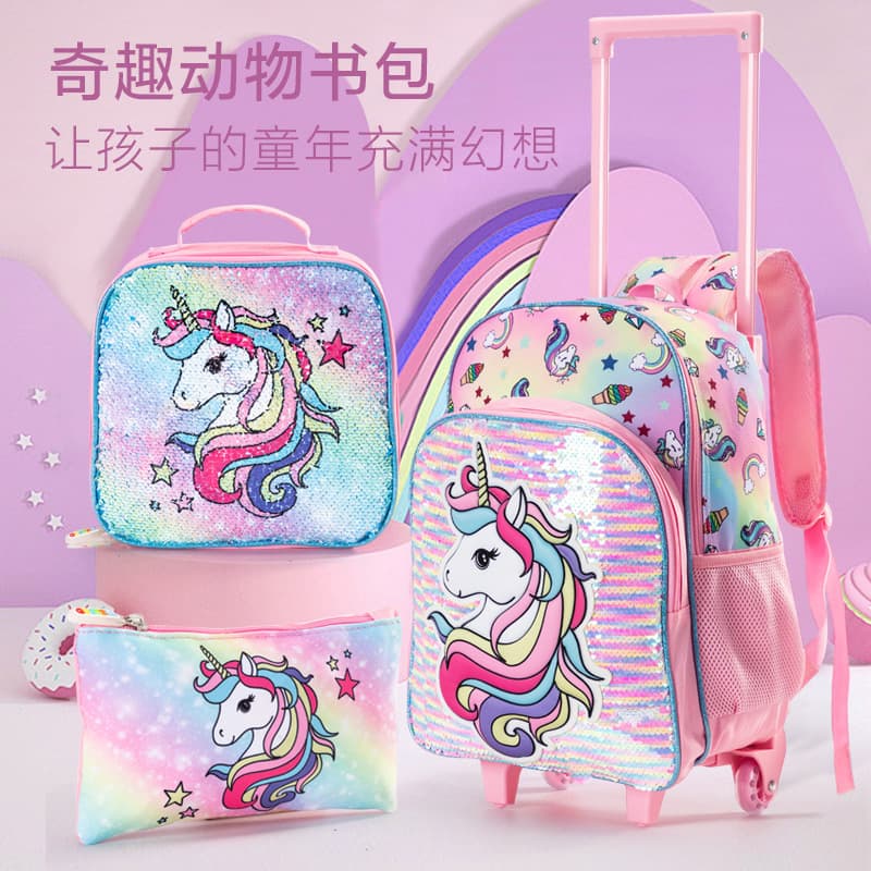New Kids Trolley Backpack Cartoon Sequin Unicorn Student Backpack Multifunctional Large Capacity Rolling Bag
