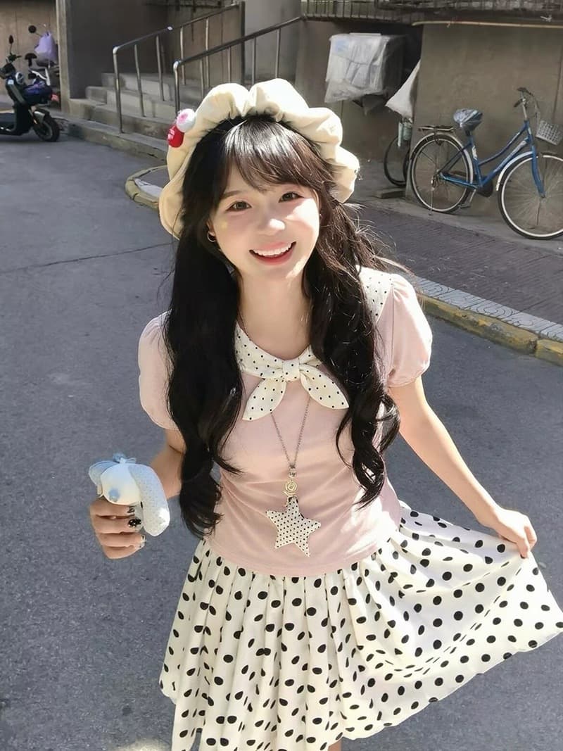 [Official photo 1×1 40 count pure cotton plain] Pink polka dot bow doll collar slimming and versatile top