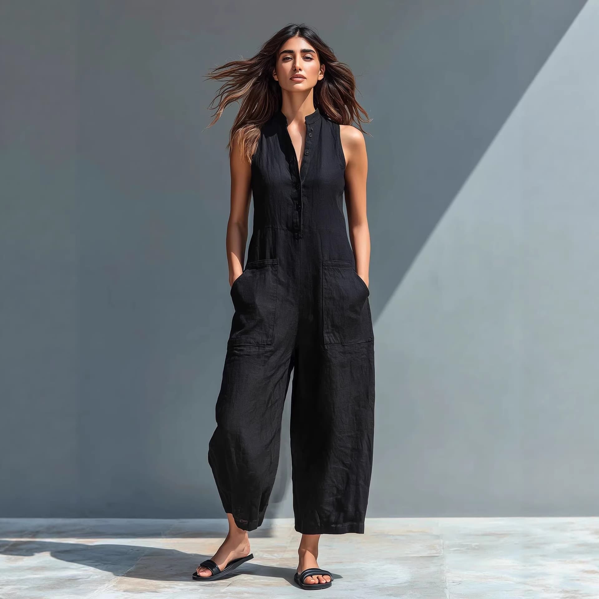 Spot new cross-border Amazon temu women's simple linen blend buttoned stand collar sleeveless loose jumpsuit