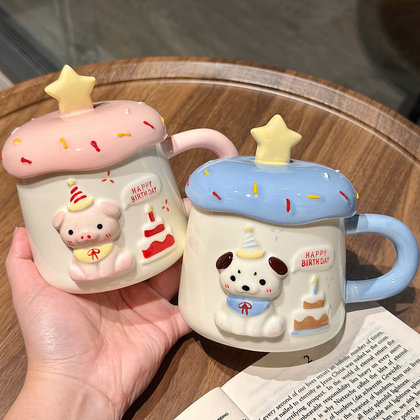 Cartoon Cute Pet Birthday Party Cup Creative Design Embossed Mug with Lid Home Couple Ceramic Cup Gift