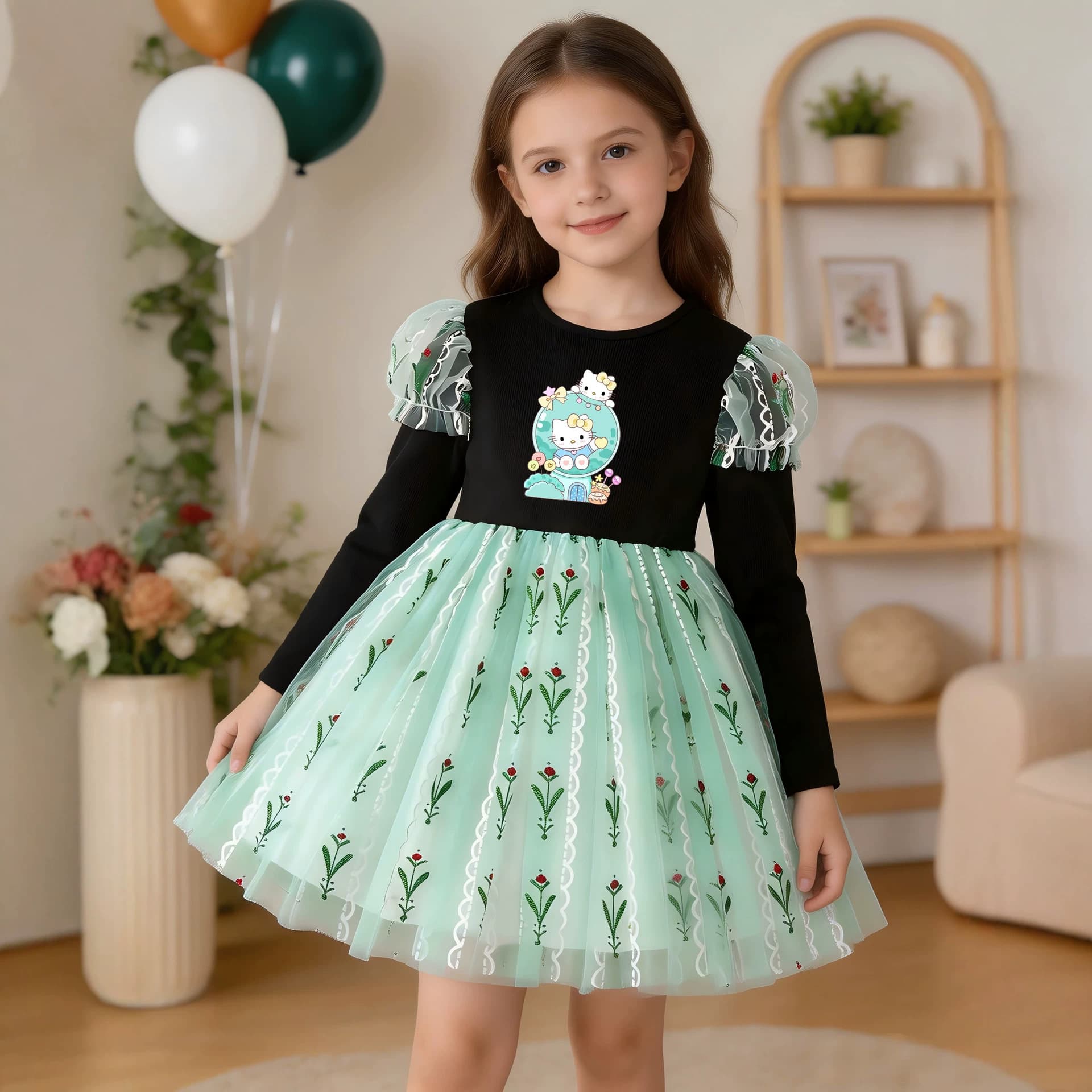 Girls Spring Autumn Princess Dress Cartoon Print Casual Performance Wear Children's Day Size for Toddlers and Kids