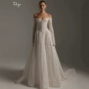 European and American Wedding Dress Bride Light Luxury Gown French Lace Long Dress One-Shoulder Long Sleeve Women's Banquet Lightweight Dress