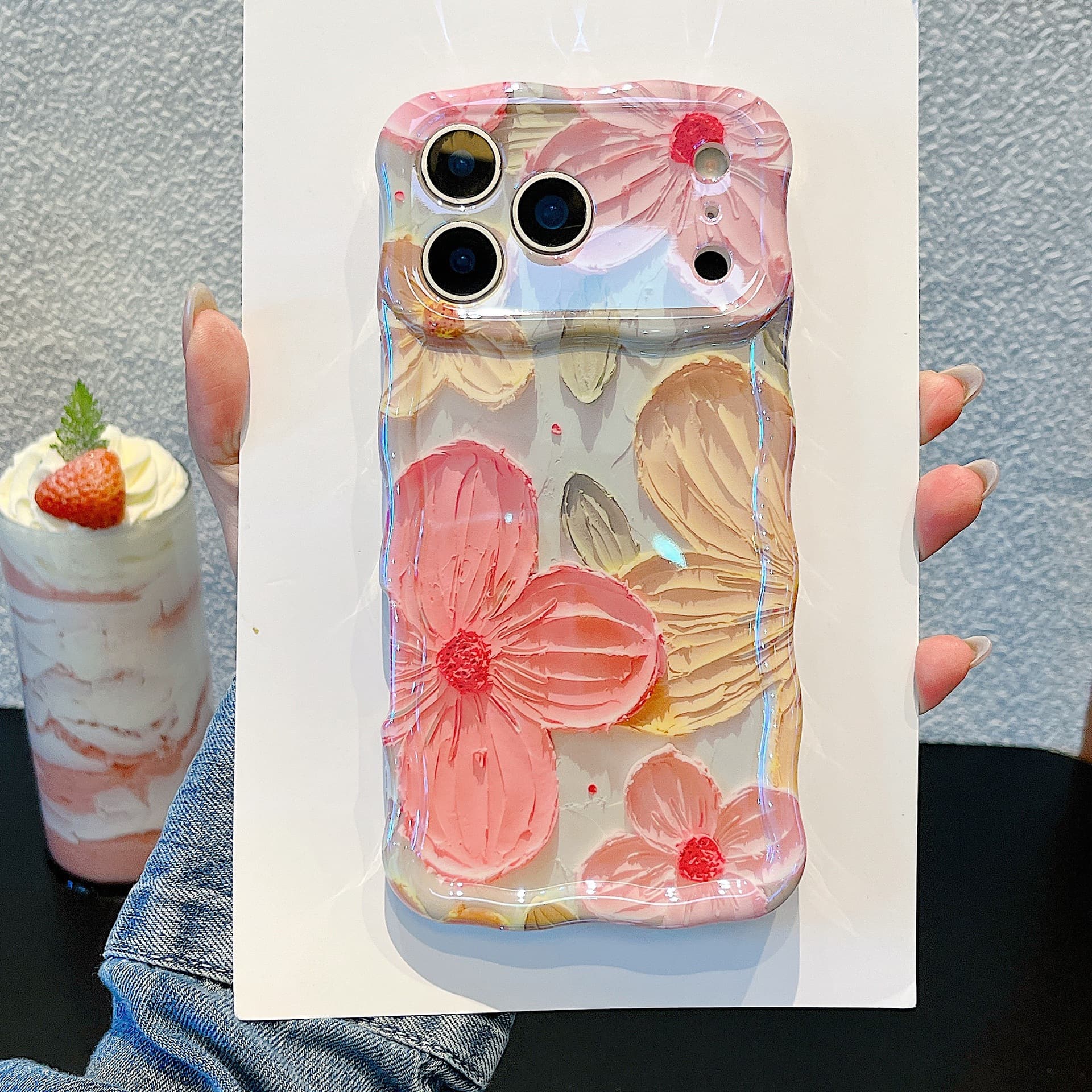 Compatible with iPhone 17 Pro Case, Ins Blue Wave Oil Painting Flower, Personalized Apple 16 Shockproof Protective Cover