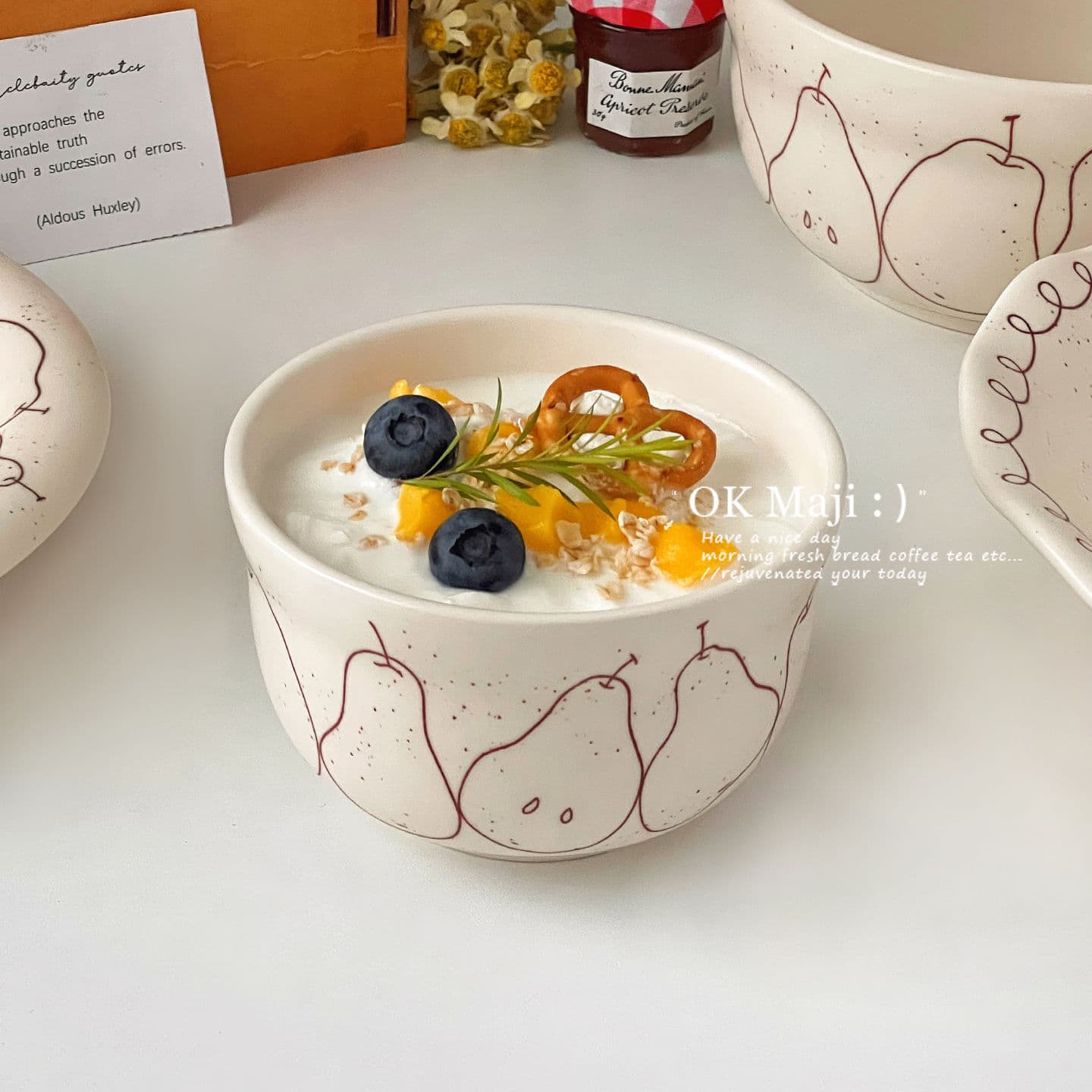 Retro pear ceramic rice bowl, high-end noodle bowl, household 2026 new bowl, fruit salad bowl, yogurt dessert bowl