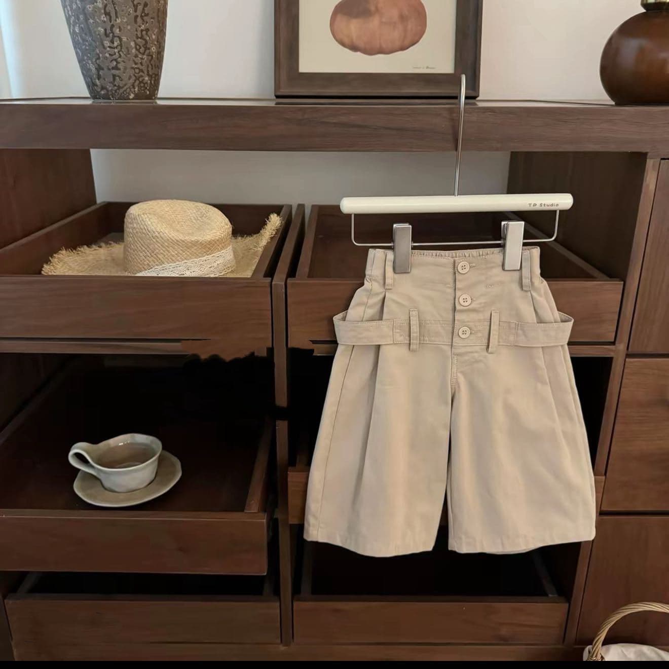 French children's pleated mid-pants girls solid color workwear nine-point pants summer loose breathable straight pants