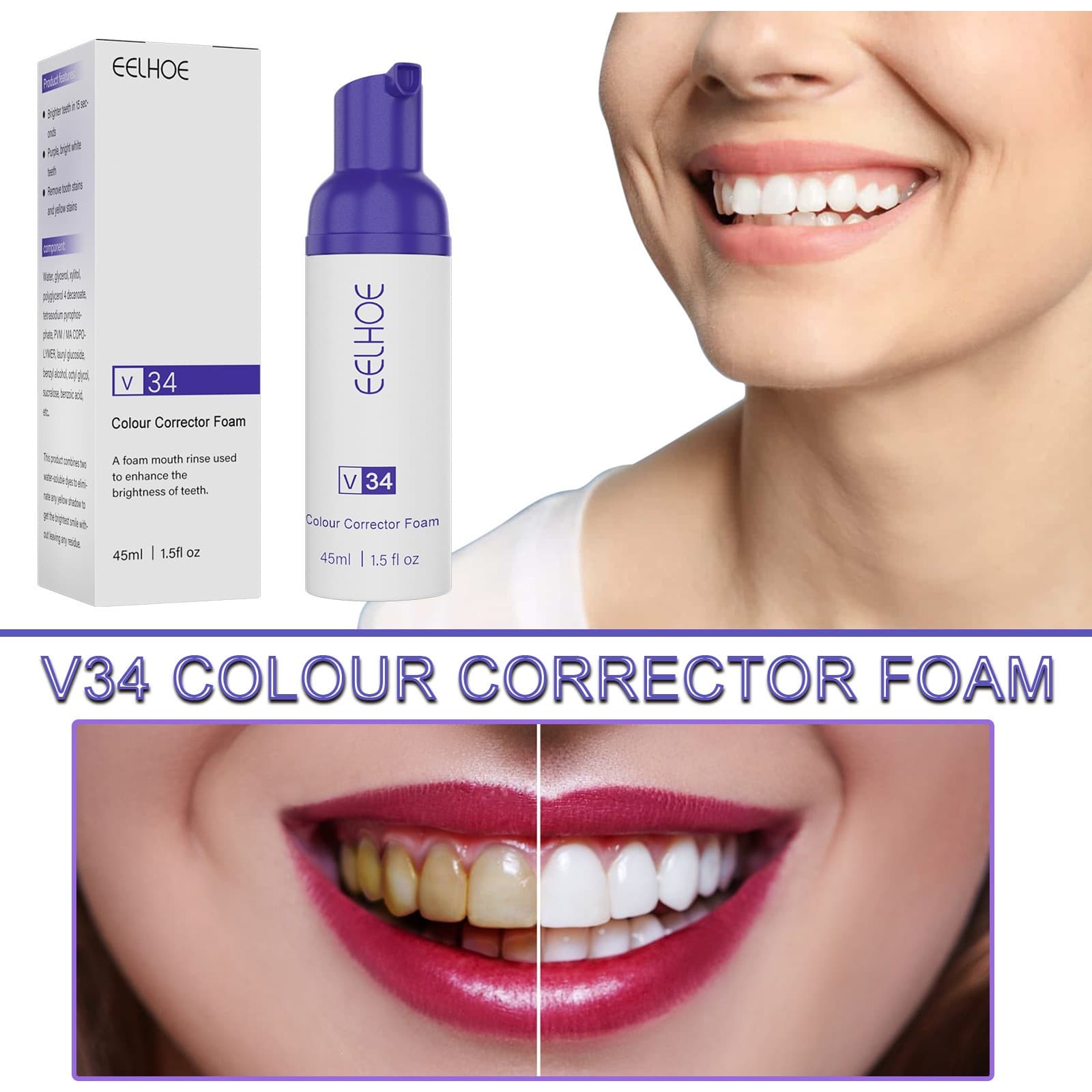 EELHOE V34 Foam Whitening Toothpaste Clean Tartar Yellow Stains Teeth Whitening Stain Removal Fresh Breath