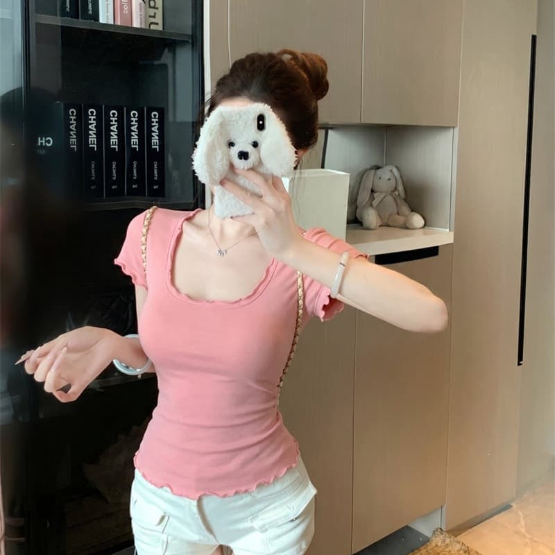 Lyocell Pink U-Neck Ruffle Short Sleeve T-Shirt for Women, Summer Sweet Y2K Slim Fit Casual Crop Top