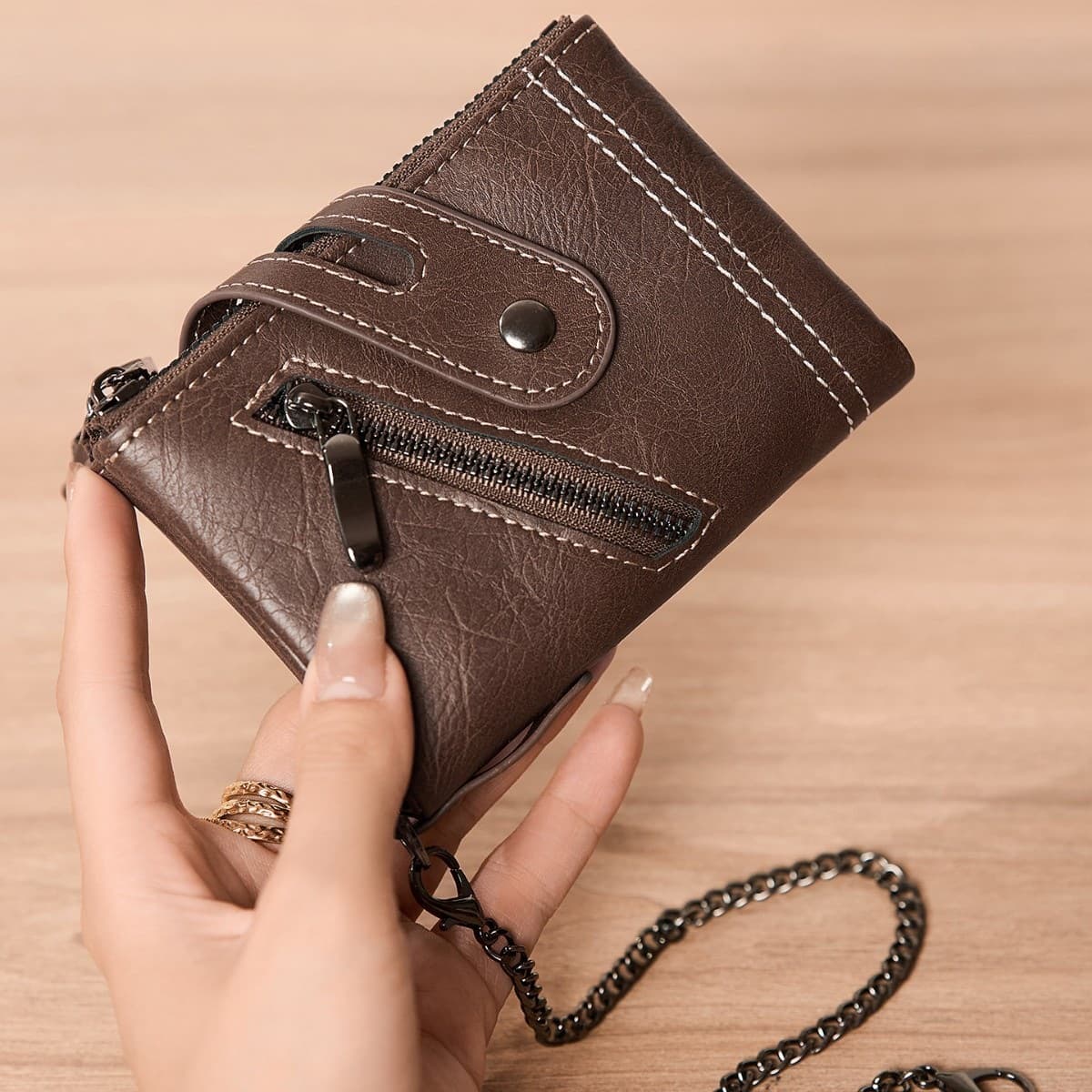 New Cross-Border Motorcycle Style Anti-Loss Chain Wallet, Vintage Crazy Horse Leather Double Zipper Card Holder Tri-Fold Multi-Functional Wallet