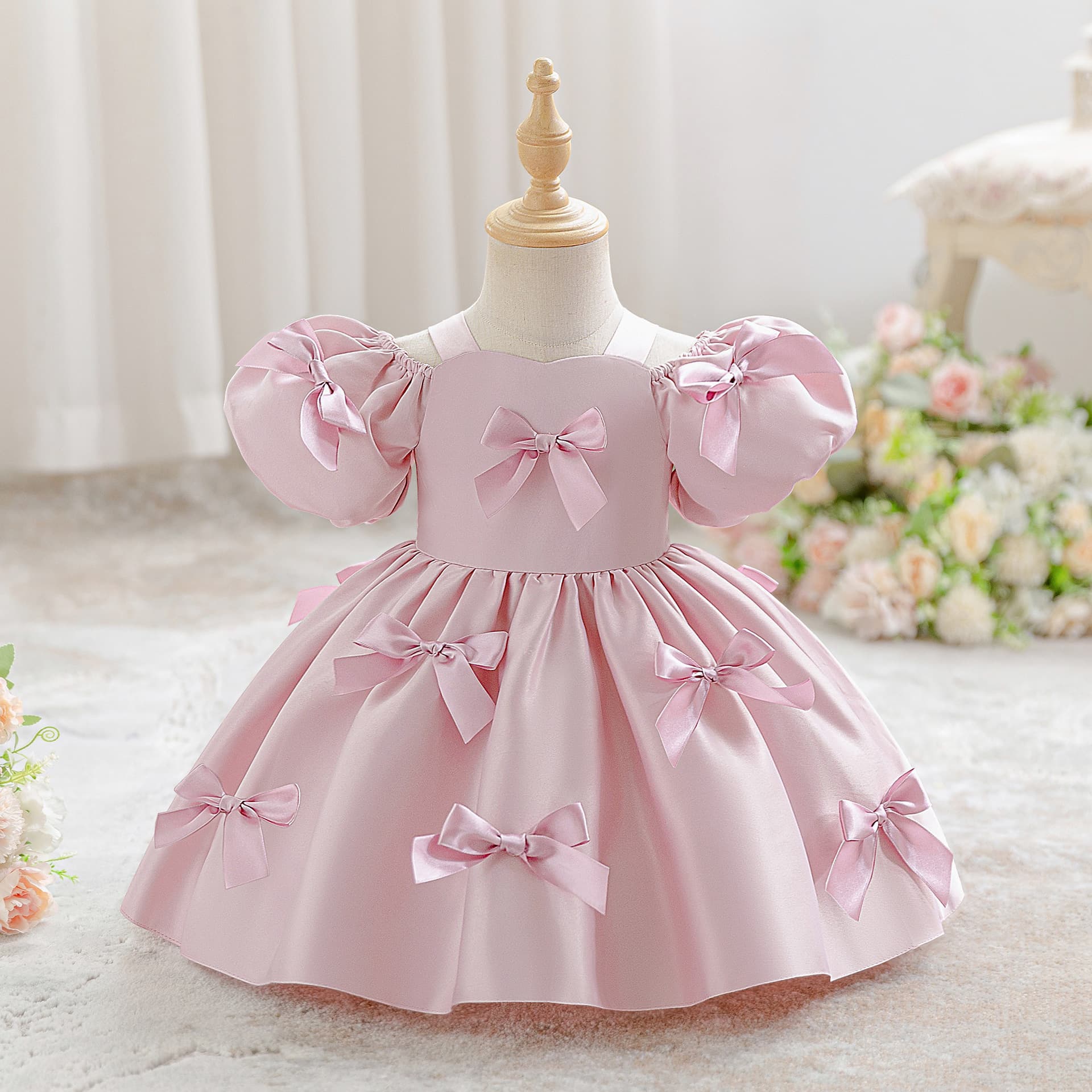 Cross-Border First Birthday Girls Dress Puff Sleeve Bow Tulle Princess Dress Stylish Flower Girl Princess Dress for Wedding Season