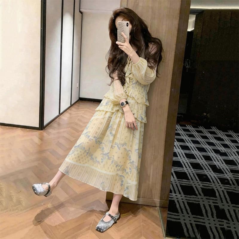 French Yellow Floral Long-Sleeve Dress for Women 2026 Spring New Arrival Petite Elegant Unique Stunning Maxi Dress