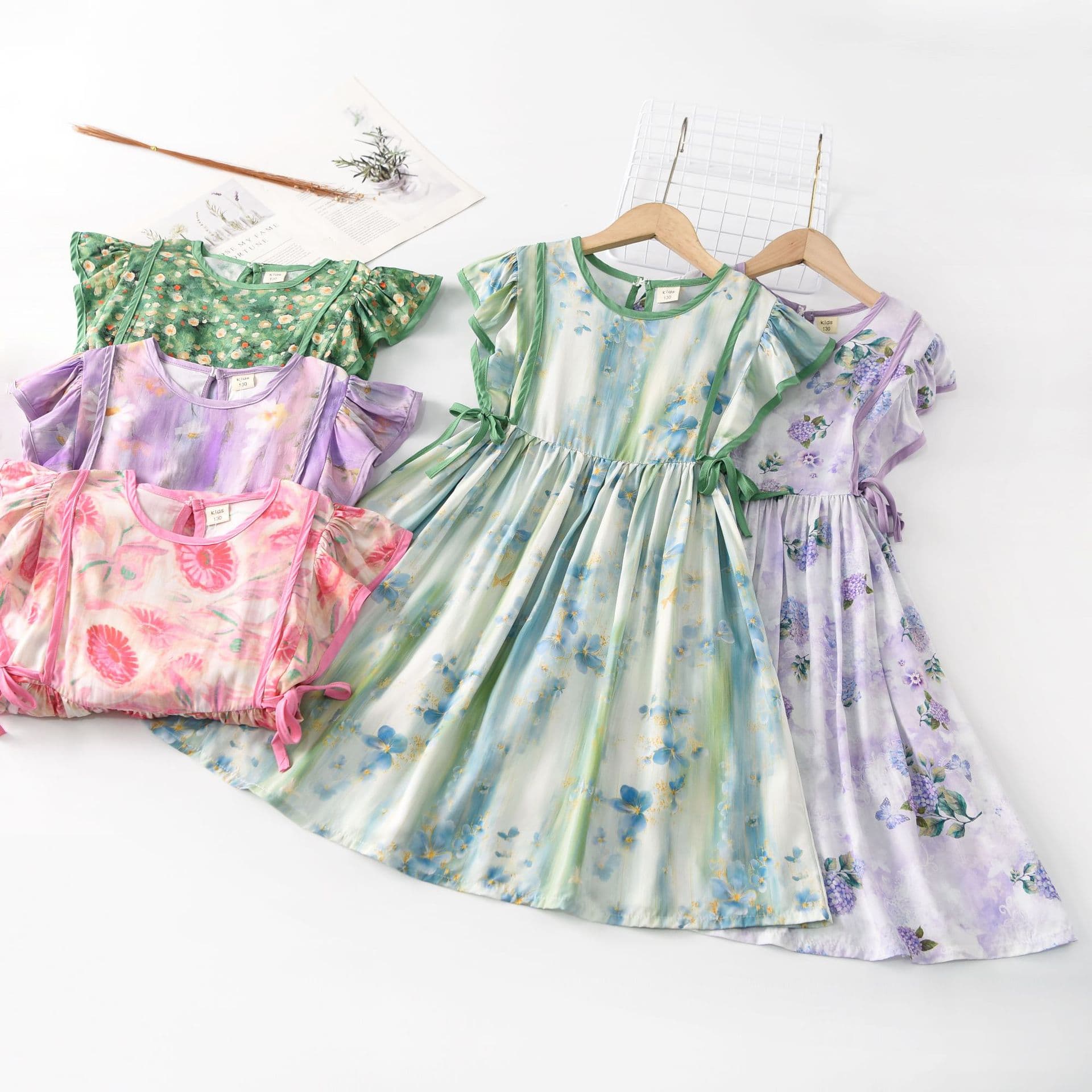 Girls' Rayon Dress 2025 New Thin Cotton Silk Floral Beach Dress Children's Fly Sleeve Plus Size Dress