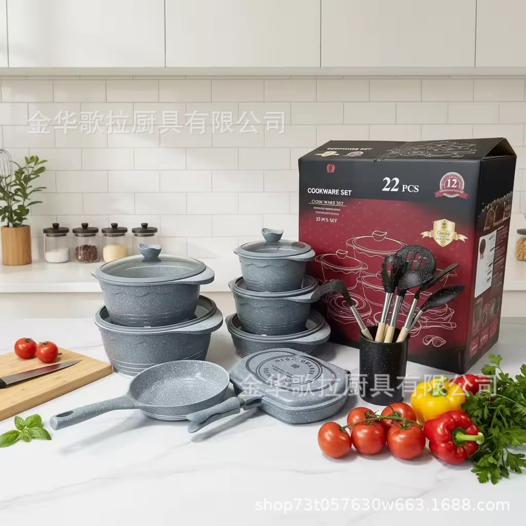 Factory Hot Selling 22-Piece Ceramic Coated Non-Stick Cookware Set with Stockpot, Frying Pan, Double-Sided Grill Pan, and Kitchen Tools