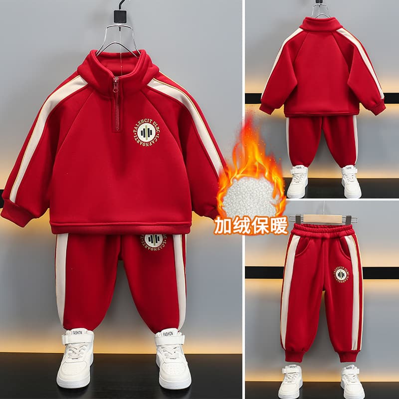 Boys Autumn Winter Fleece Thickened Sweatshirt Two-Piece Set 2025 Winter New Baby Warm Clothes Red Set Trendy