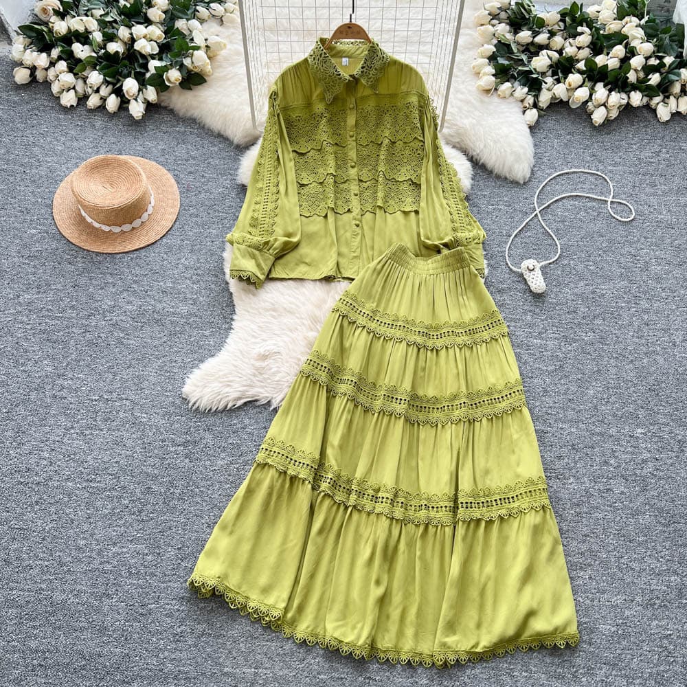 French Court Style Crochet Lace Mature Elegant Suit for Women, Summer Long Sleeve Blouse, Elastic Waist Long Skirt