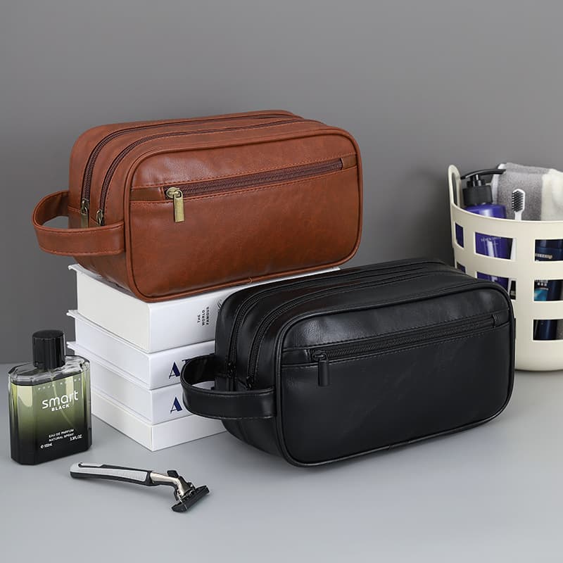 Portable Travel Double Layer Men's PU Leather Cosmetic Bag Toiletry Bag Multi-Functional Storage Bag Waterproof Polyester Lining