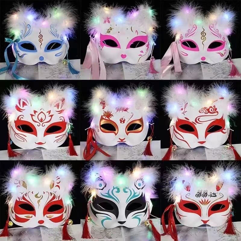 Glowing Feather Fox Mask Ancient Japanese Style Half Face Cat Mask Halloween Children's Mask Street Stall Wholesale