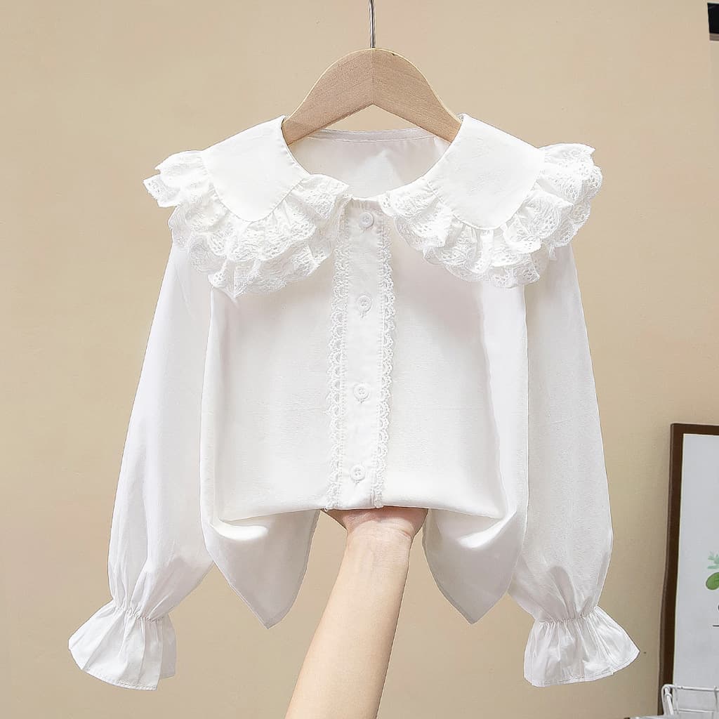 Girls' Shirts 2026 Spring and Autumn Collection for Older Children, Stylish White Academy-Style Doll Collar Blouse Tops
