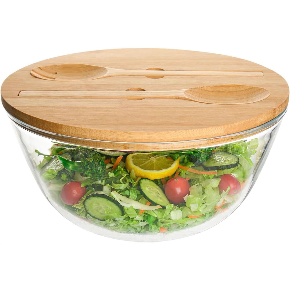 Simple round glass large bowl, vegetable salad bowl with bamboo lid and bamboo fork-spoon, cross-border patented high borosilicate microwave-safe.