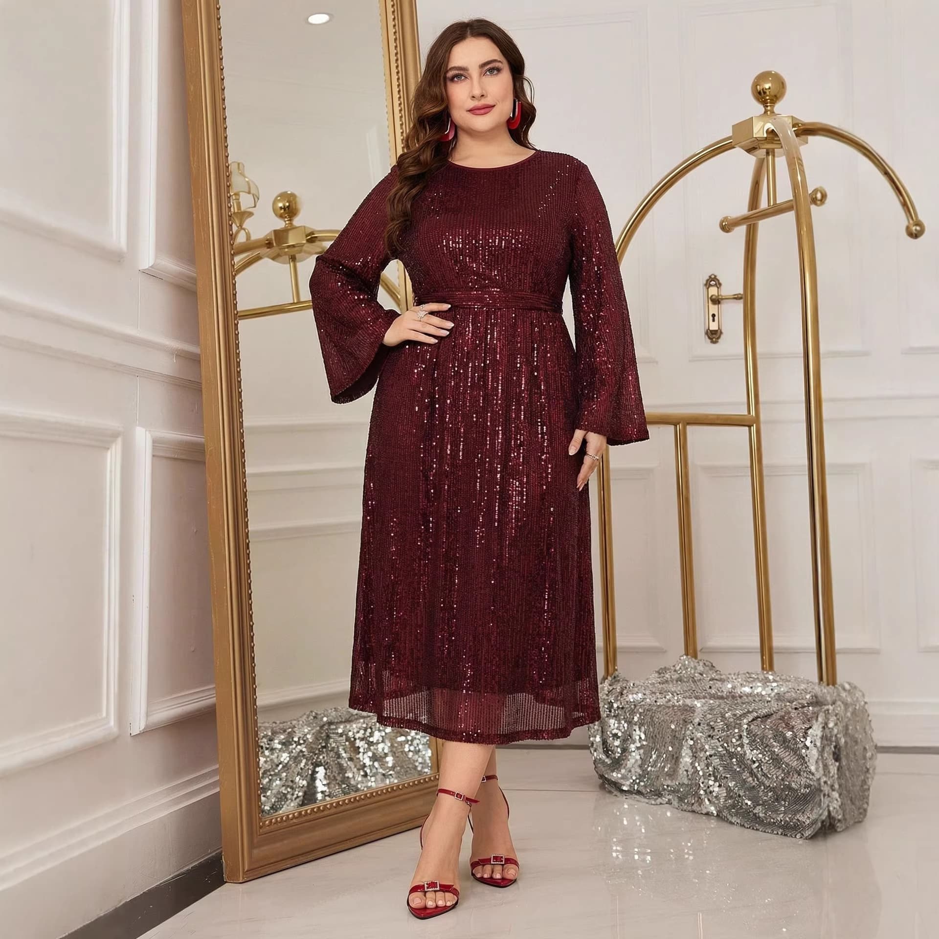 Cross-border evening dress sequined dress European and American round neck belt straight nightclub shiny light dress DX060