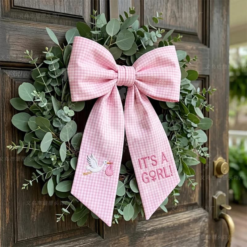 Baby gender reveal party decorative bow IT'S A BOY/GIRL plaid embroidered ribbon bow