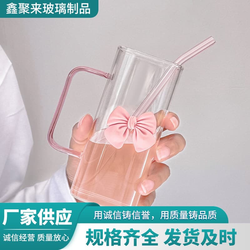 Square glass cup with handle water cup 2026 new female high-looking cup household drinking straw cup high temperature resistance