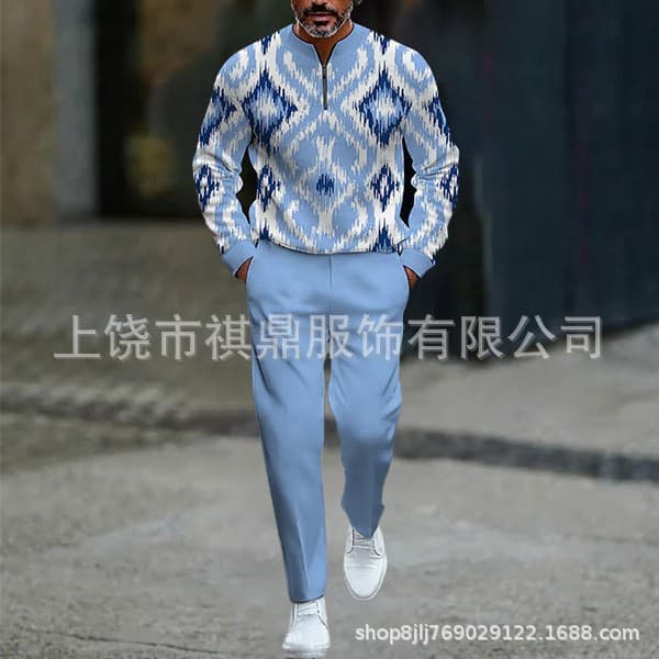 2025 New European and American Trendy 3D Digital Cashew Pattern Fashion Casual Autumn Men's Set