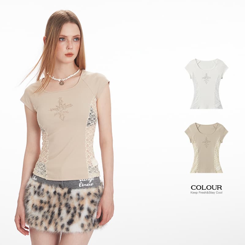 HeyHenry European and American Summer Printed Lace Patchwork Sexy Design Short Sleeve T-Shirt for Women Slim Fit Crop Top